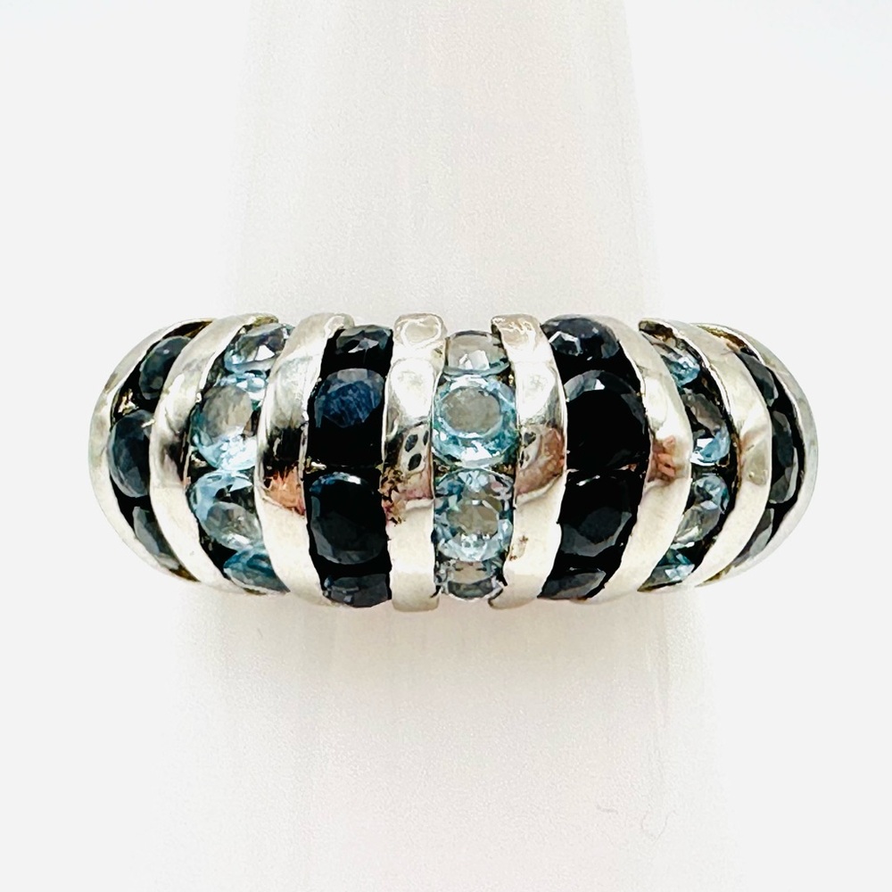 STERLING SILVER 925 Domed Striped Ring with Two Shades of Blue Stones, Size 9